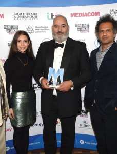 Ayub Khan Din (centre) with journalist Sarfraz Manzoor and Aysha Jamieson (sister of Sophiya Haque)